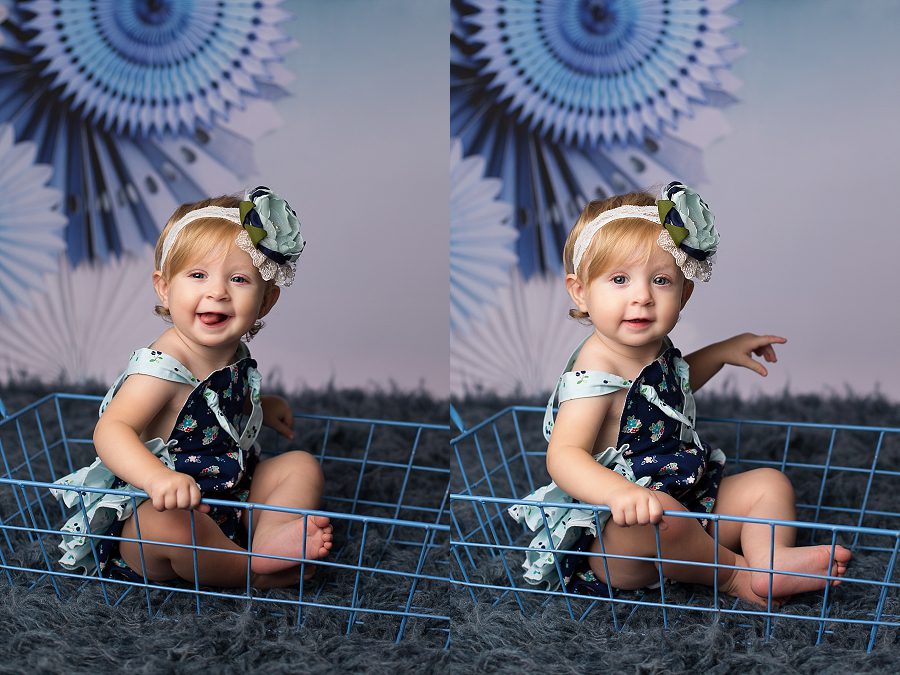 little girl in blue first birthday session in houston