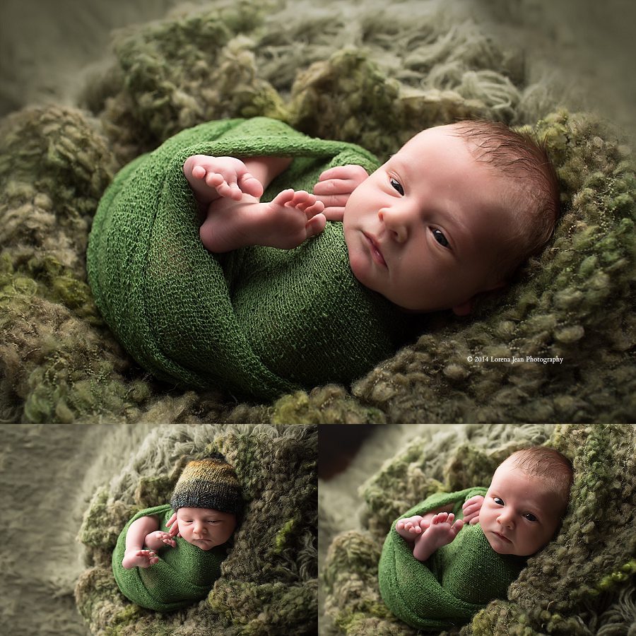picture of a newborn wrapped in green on a green flokati